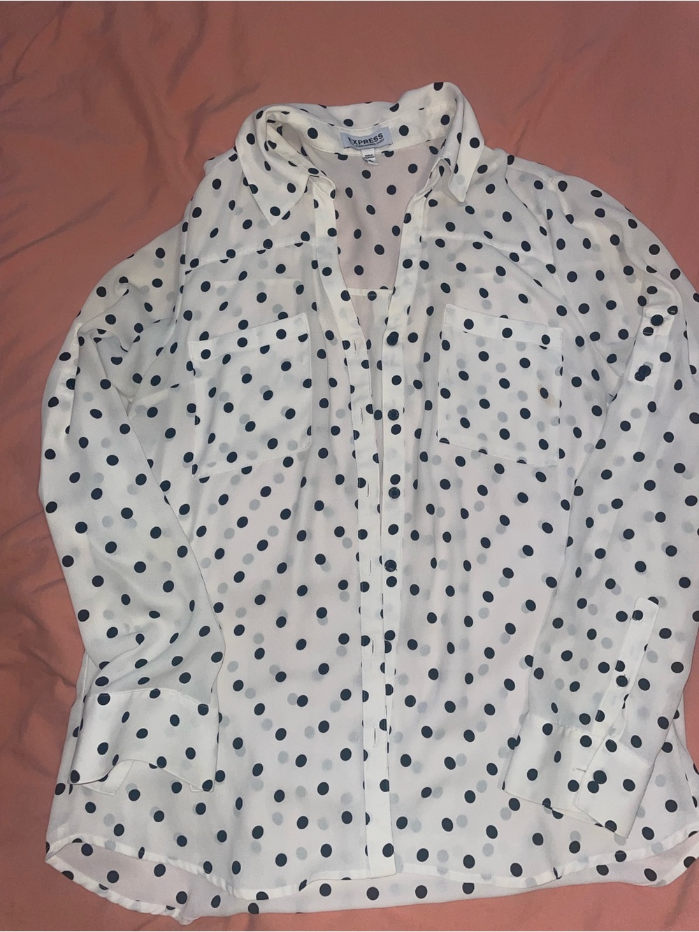 Express White Button-Down Shirt with Black Polka Dots